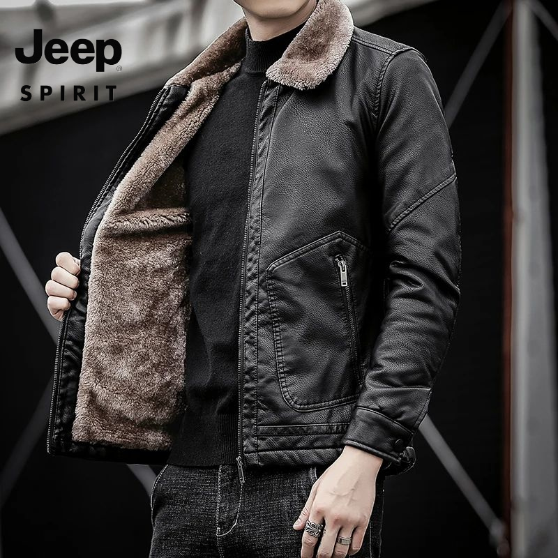 吉普JEEP SPIRIT休闲男士皮衣加绒加厚秋冬保暖外套毛领软皮夹克