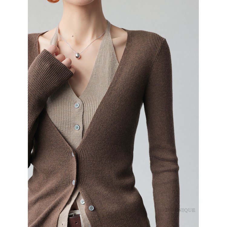 JWUNIQUE咖色长袖设计感针织开 衫女2025年秋季新款显瘦假两件上
