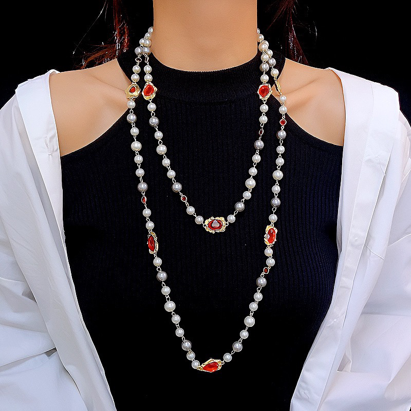 铜项链 精品/法式复古绿色红色项链可叠戴多层长款毛衣链时尚新款