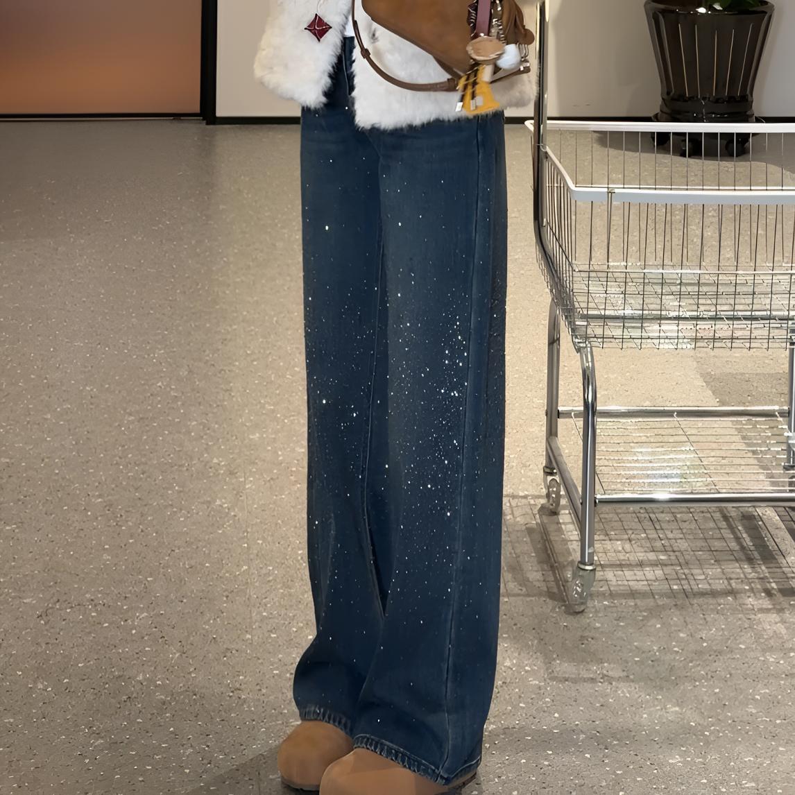宿慕SUMU设计感满天星牛仔裤女2025冬季新款加绒牛仔阔腿裤33095