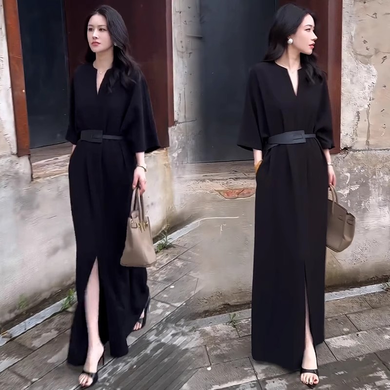 大码女装黑色连衣裙夏秋新款高个子长款开叉赫本风减龄显瘦长裙子
