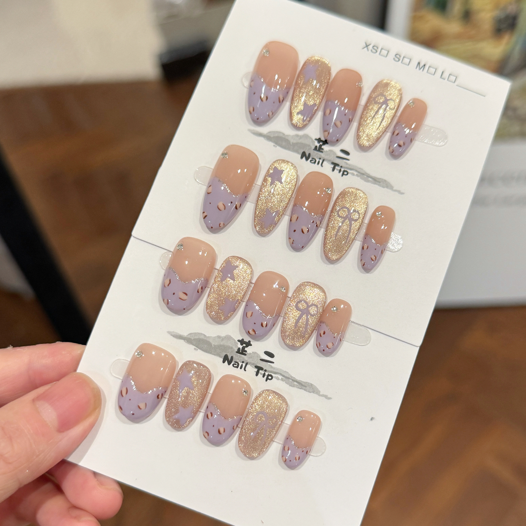 7107紫气东来高级显白简约高级重复纯手工穿戴甲杏仁短，短椭圆