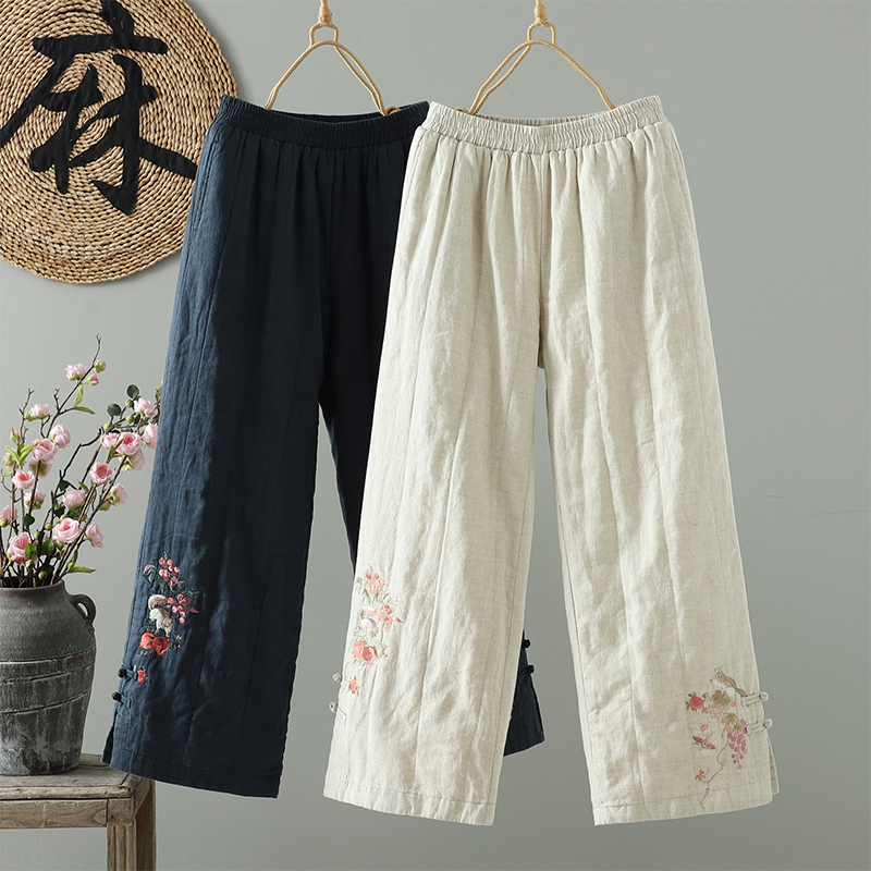 2025新款复古绣花阔腿裤女松紧腰夹棉国风亚麻棉裤中式大码直筒裤