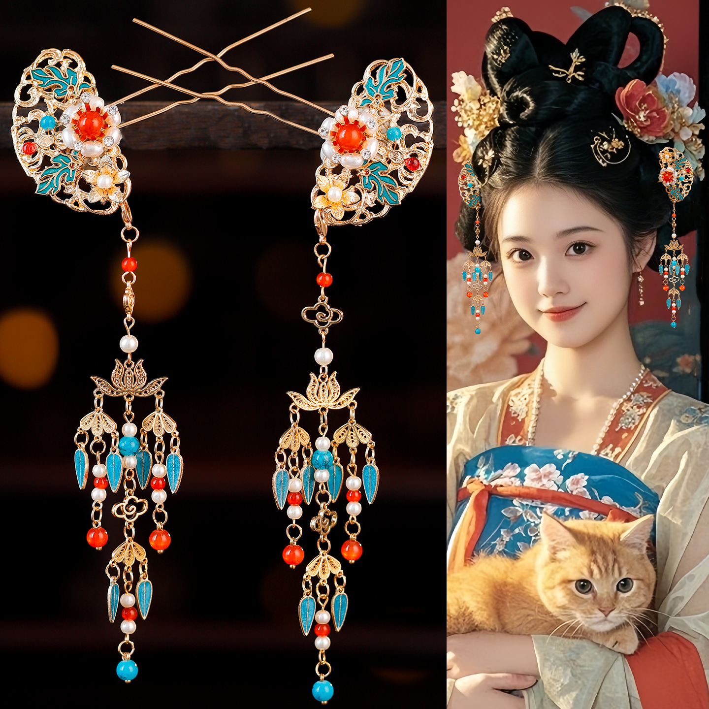 古风汉服发饰仿烧蓝发钗长流苏可拆卸新中式国风旗袍古风头饰u钗