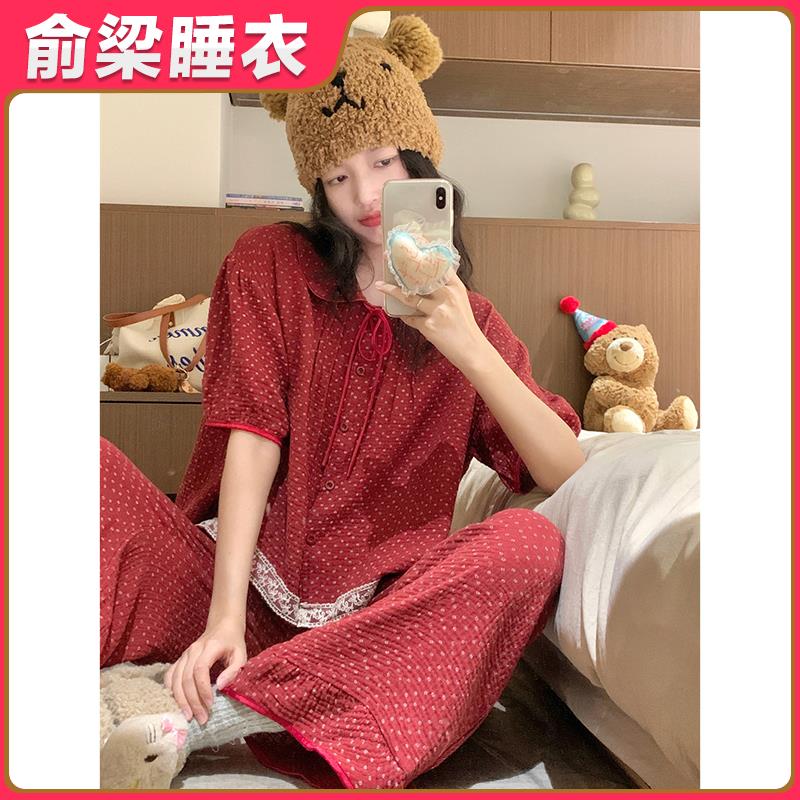 甜美碎花娃娃领新款纱布睡衣女春夏款短袖长裤宽松舒适家居服套装