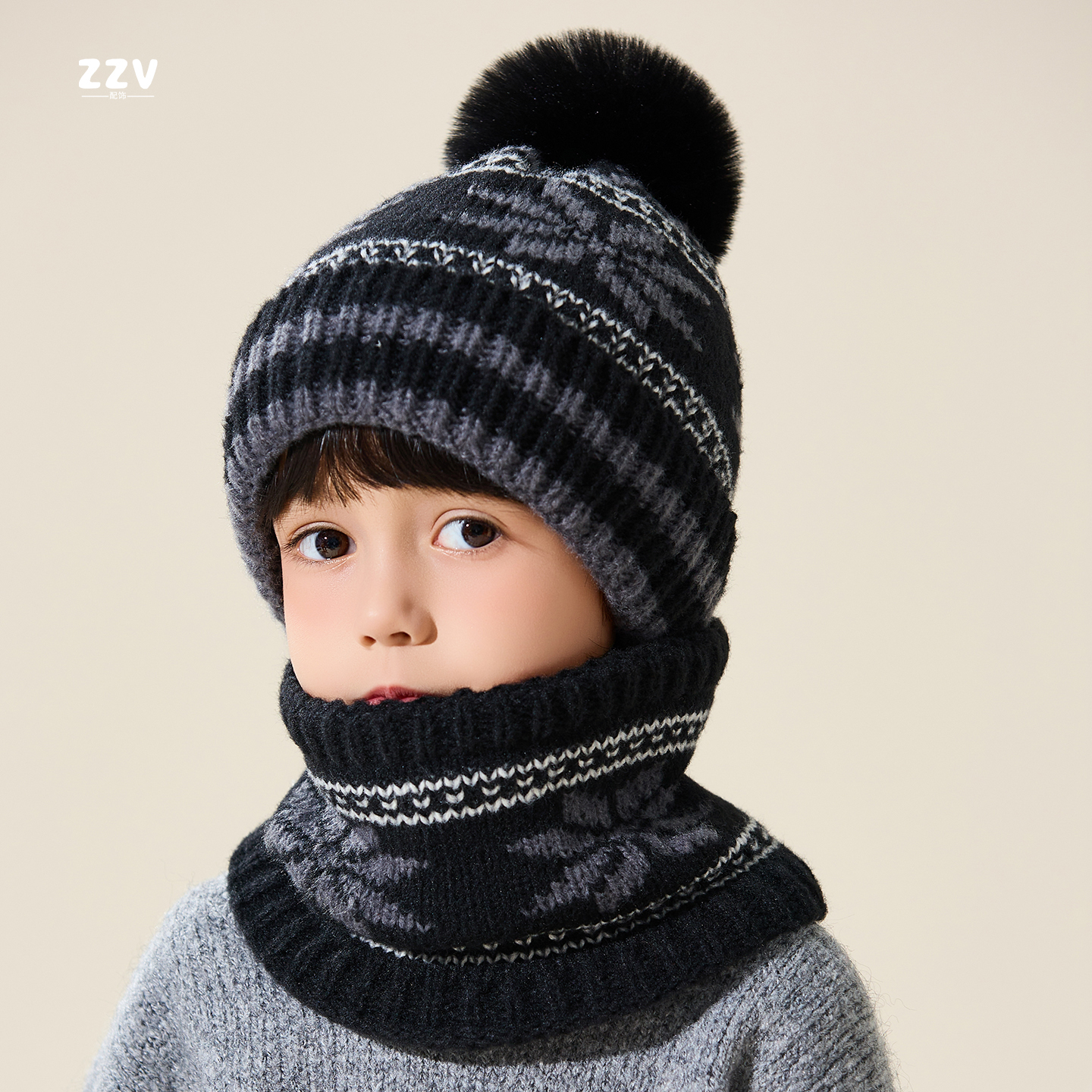 儿童帽子围脖二件套秋冬男童加绒护耳帽女童加厚保暖毛线宝宝套帽