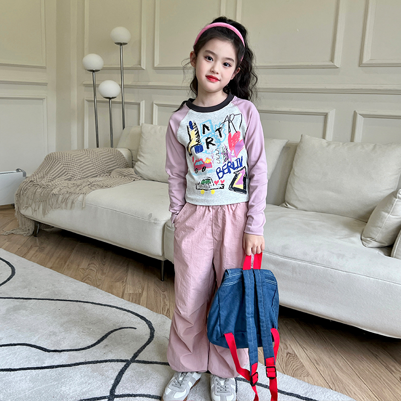 女童韩版时尚秋装2024新款儿童印花插肩长袖T恤