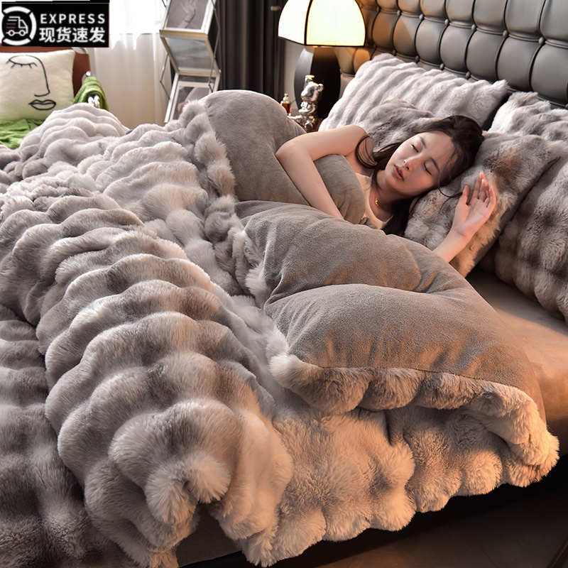 轻奢高级感仿兔毛绒四件套冬季加厚牛奶绒被套床单床笠款床上用品