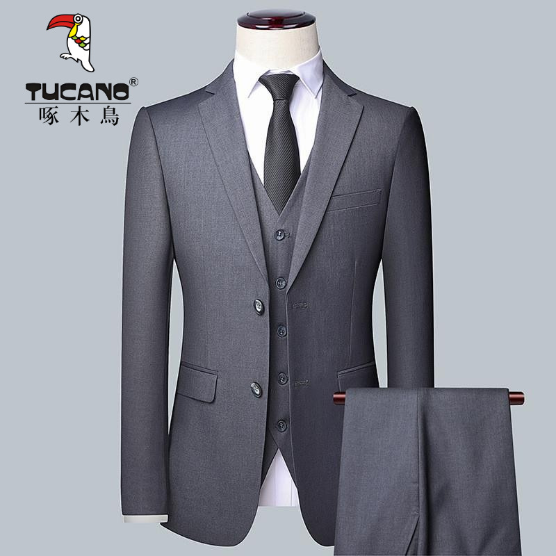 啄木鸟休闲纯色修身西服三件套装春秋款男士商务正装结婚礼服新款