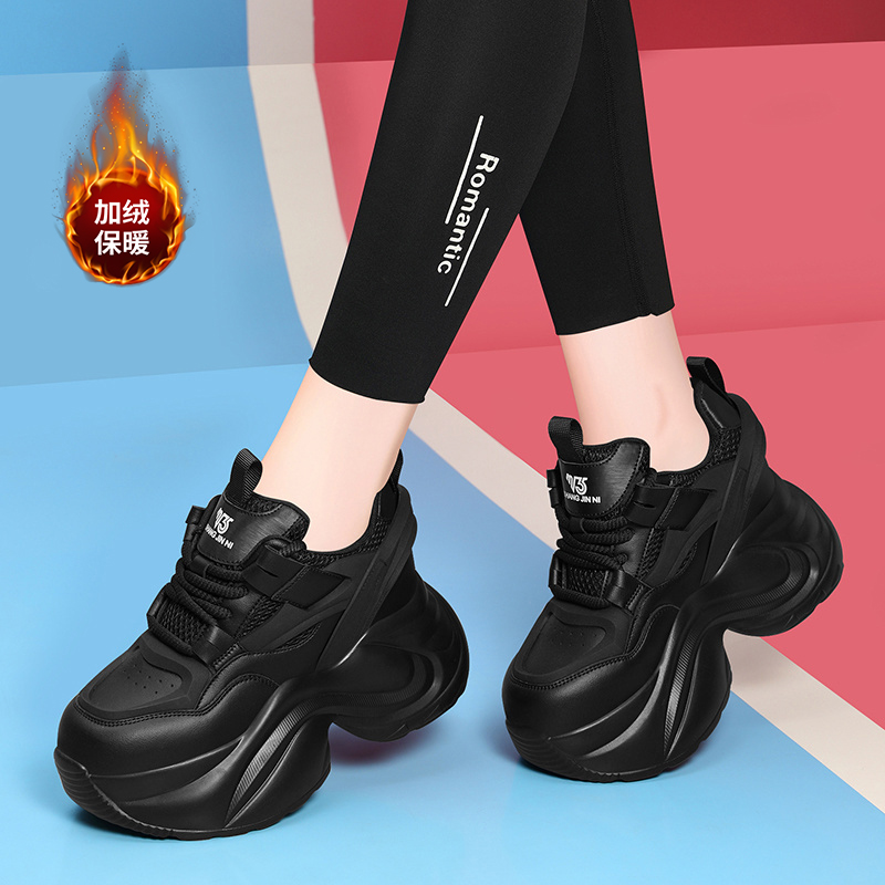 轻便老爹鞋女款黑色小个子增高厚底加绒2025秋冬新款运动休闲鞋