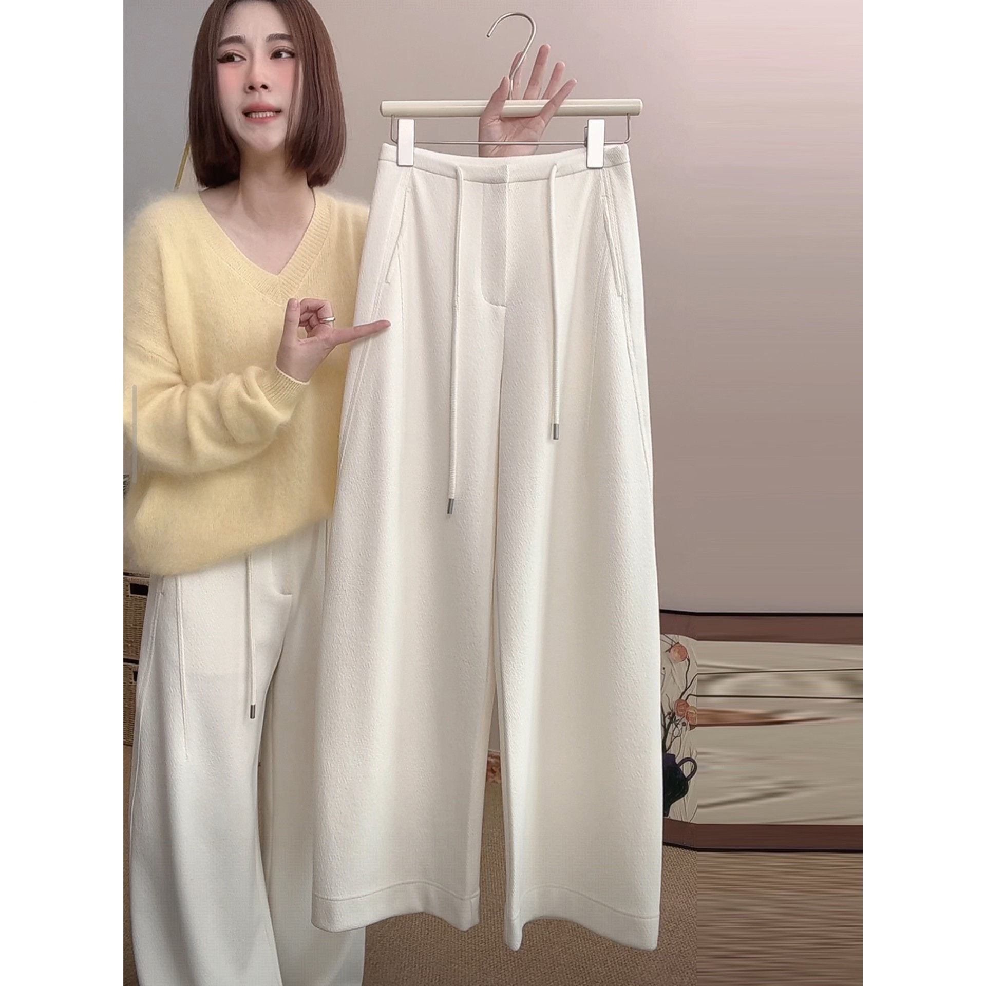 软糯醋酸羊毛休闲裤女2025秋冬季新款抽绳高腰显瘦抗皱窄版阔腿裤