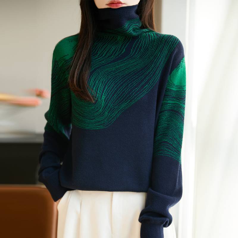 品牌女装正品时尚洋气线条提花针织衫堆堆领女士毛衣气质打底衫