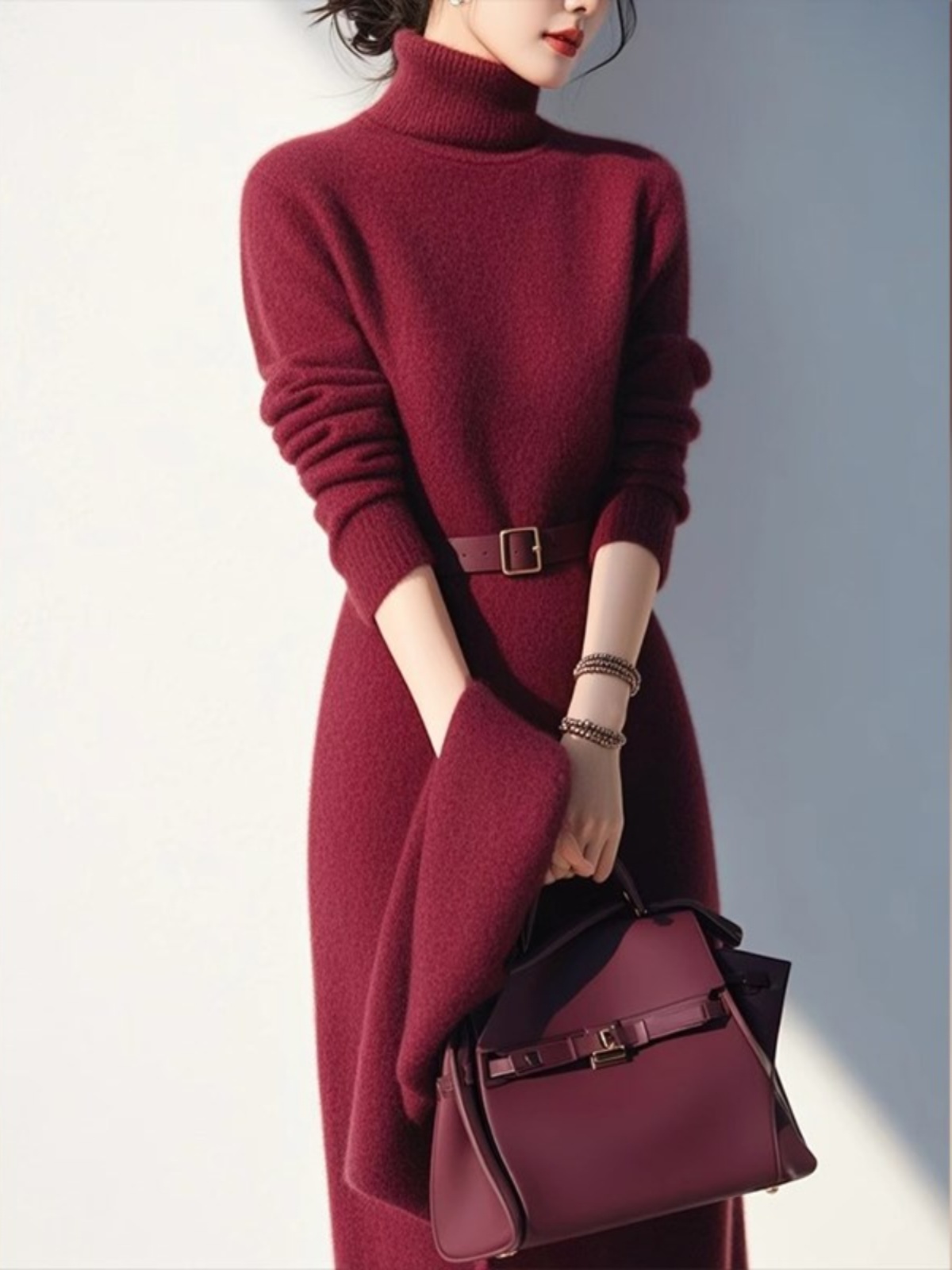 蔻菲图2025秋季新款女高领羊毛修身针织连衣裙安哥拉红内搭中长裙