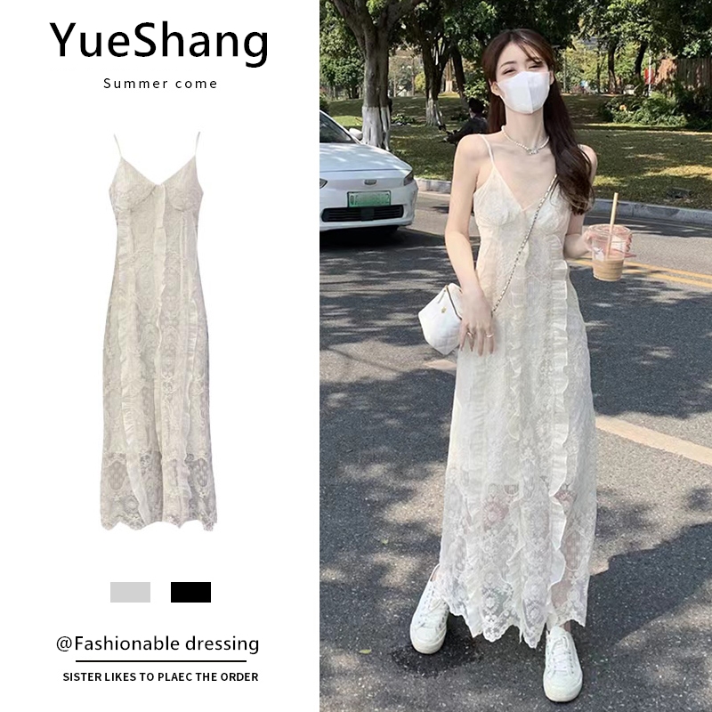 2026春季新款法式气质荷叶边V领吊带连衣裙百搭温柔高级感收腰裙