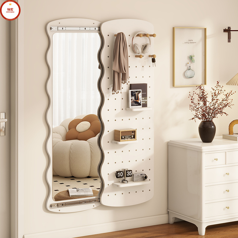 波浪洞洞板穿衣镜隐藏式推拉全身镜子家用可关闭壁挂墙玄关试衣镜