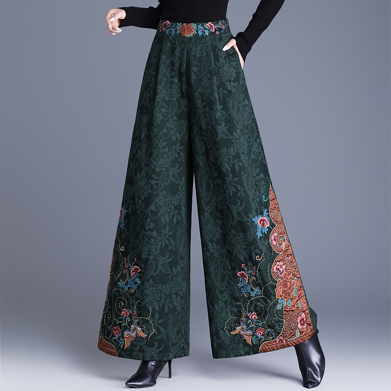 高端民族风刺绣高腰阔腿裤女裤秋冬新款时尚宽松直筒裤裙妈妈长裤