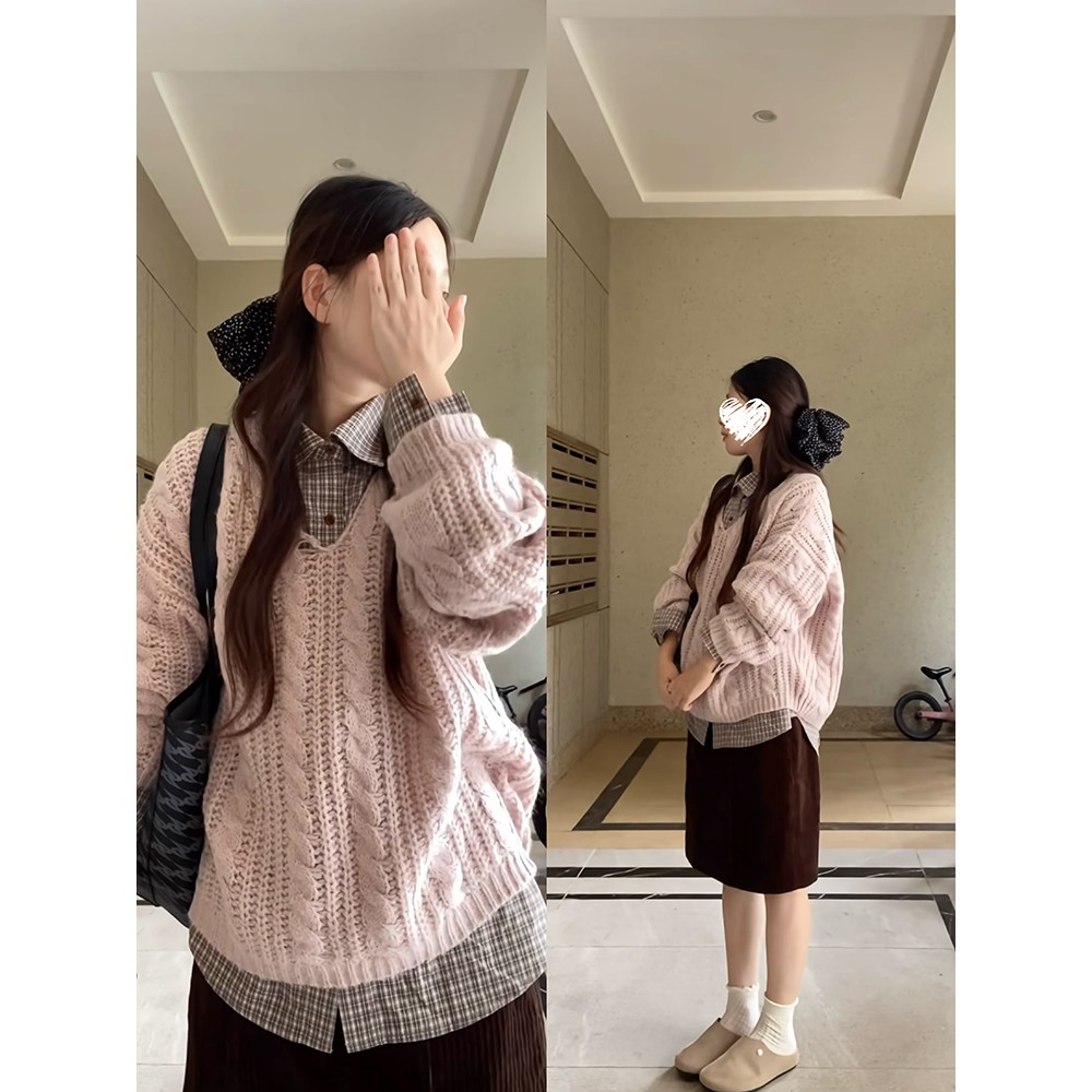 【粉泡芙】韩系V领麻花针织衫慵懒毛衣穿搭上衣+复古格子衬衫22769#