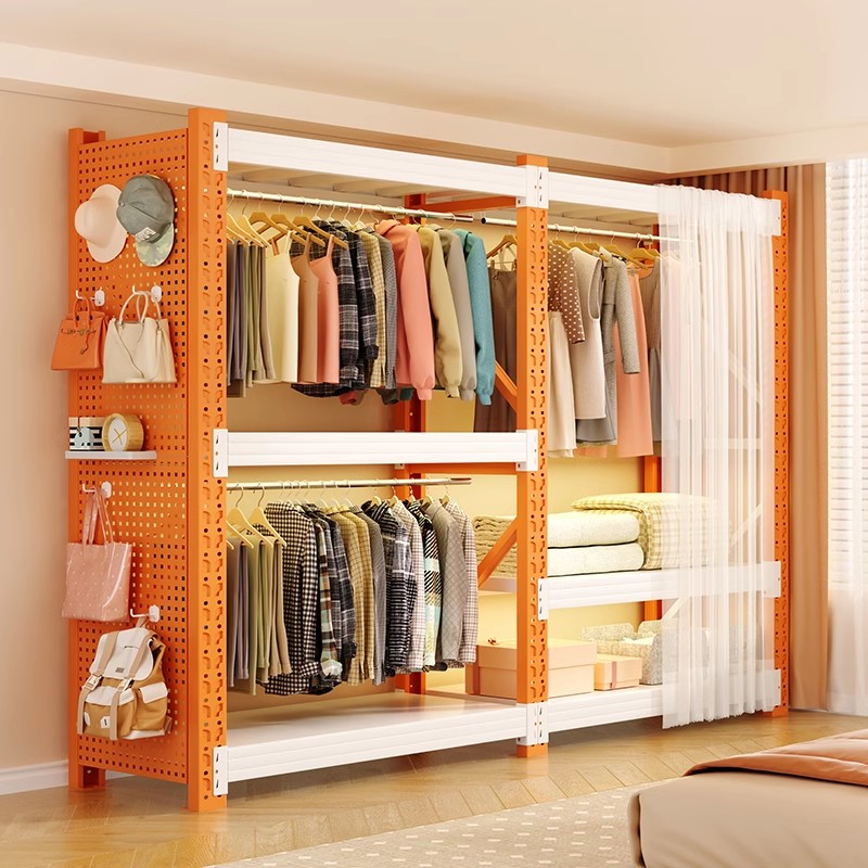 家用货架衣柜简易组装开放式挂衣架钢制置物架防尘帘多层收纳架子