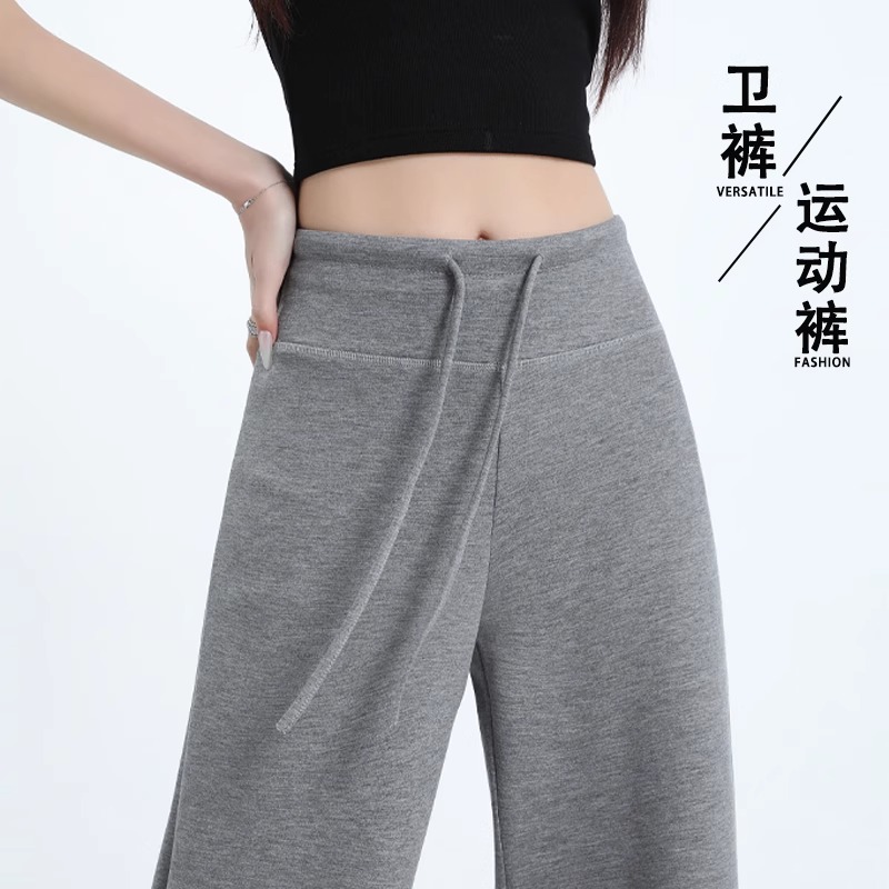 美式灰色抽绳运动卫裤女春季高腰窄版显瘦直筒裤高个子阔腿拖地裤