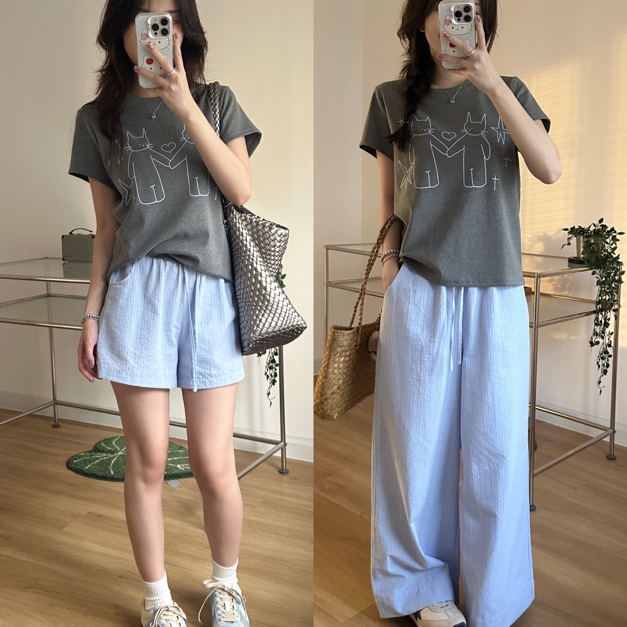 嘎子布·蓝色条纹裤！长裤短裤韩系轻薄松弛清新直筒裤抽绳阔腿休闲