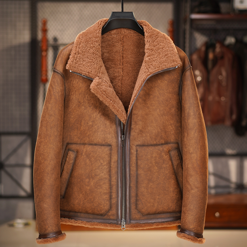 原生态皮毛一体男装绵羊毛真皮冬季保暖翻领商务休闲外套皮衣