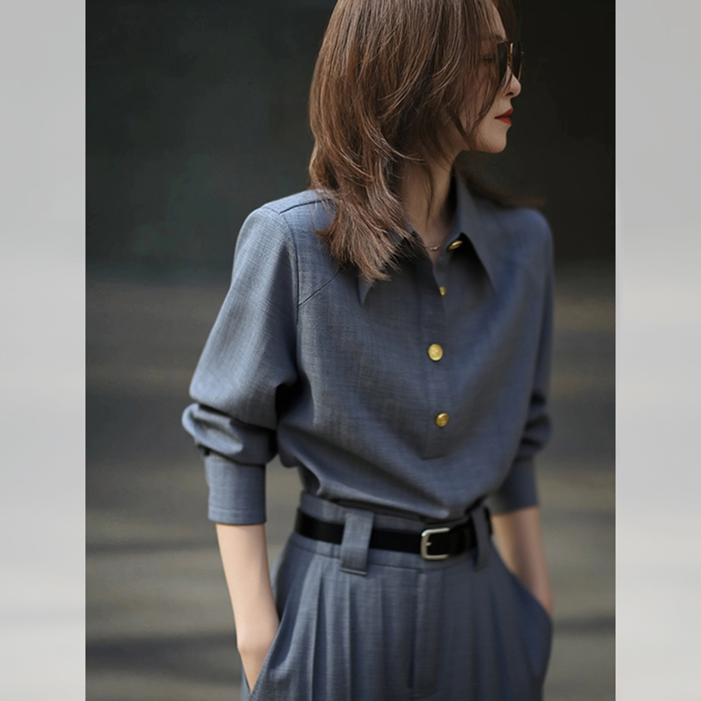 通勤干练气质显瘦衬衣时尚春秋季灰色小众翻领长袖衬衫上衣女职业