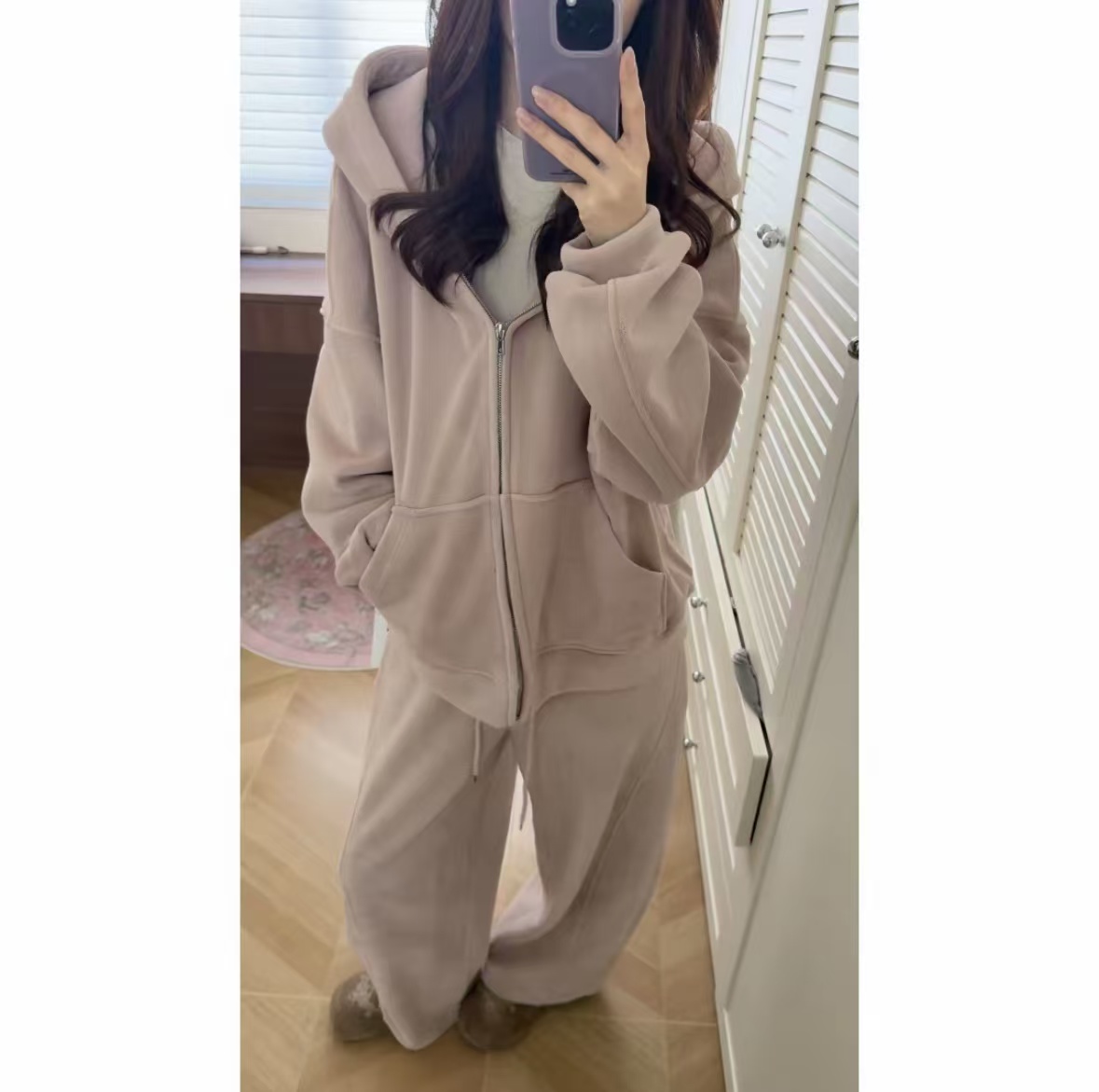 新款奥粒绒加绒加厚连帽套装女秋冬宽松外套休闲直筒阔腿裤两件套