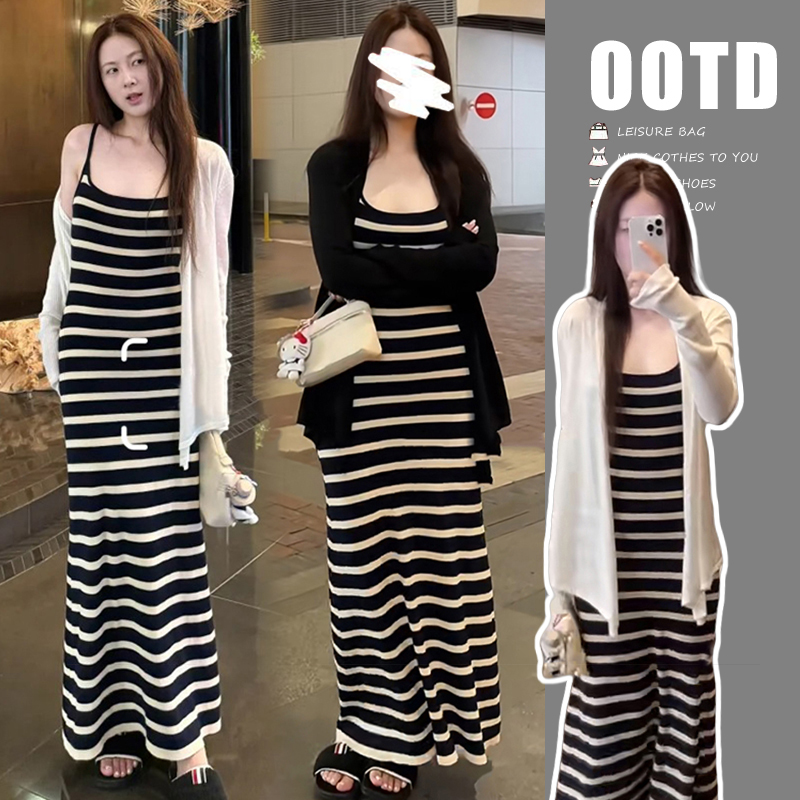 时髦孕妇装新款夏季时尚百搭条纹吊带弹力连衣裙洋气披肩开衫套装