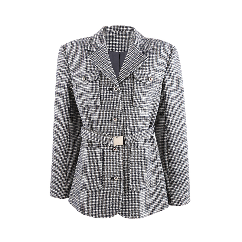 DENGDAHA「气度不凡」复古风千鸟格收腰系带西装领外套HBZW800068