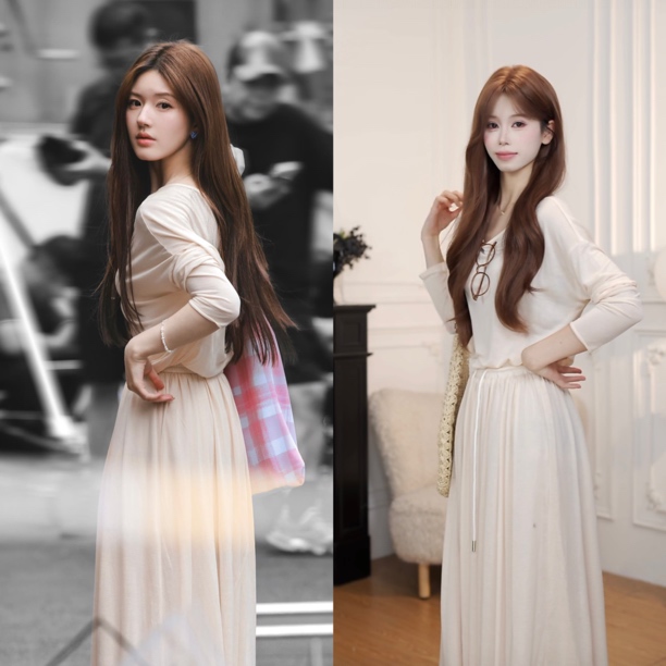 小小仟 杏色长袖露肩T恤上衣搭配高腰半身裙慵懒风淑女套装