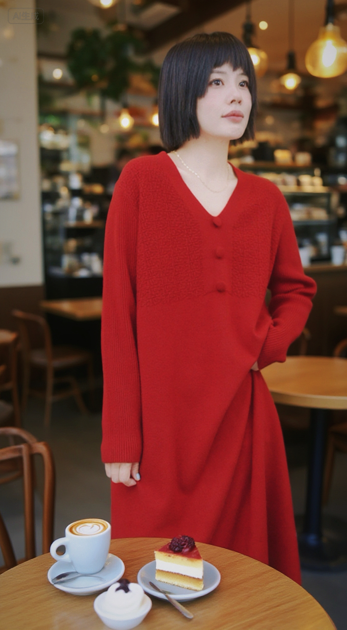 连衣裙轻职风百搭裙子斜襟红色长袖H型裙显瘦纯色