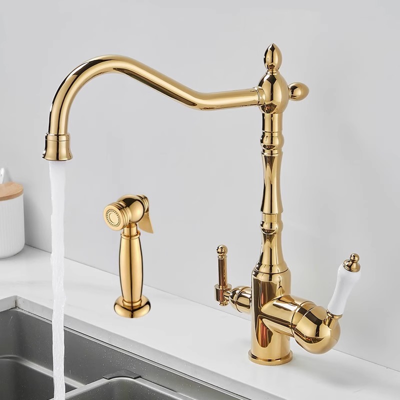 法式复古厨房洗菜盆水龙头陶瓷把手三合一冷热可旋转净水金色龙头
