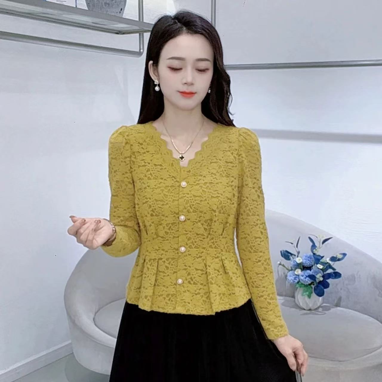 【现货】A8855法式气质蕾丝秋季新款时尚修身洋气显瘦减龄长袖小衫1
