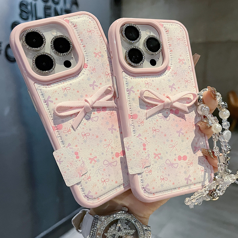 适用苹果系列iPhone17新款手机壳小众粉色蝴蝶结手链半包大孔透气