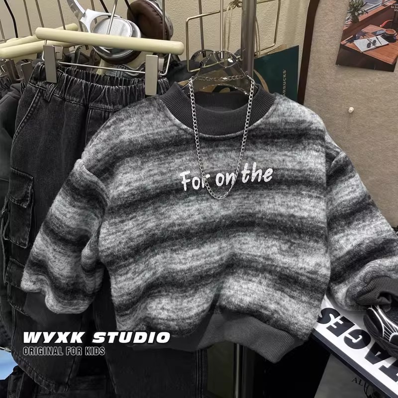 男童条纹卫衣加厚2025新款保暖冬装中小儿童宝宝帅气男孩长袖上衣