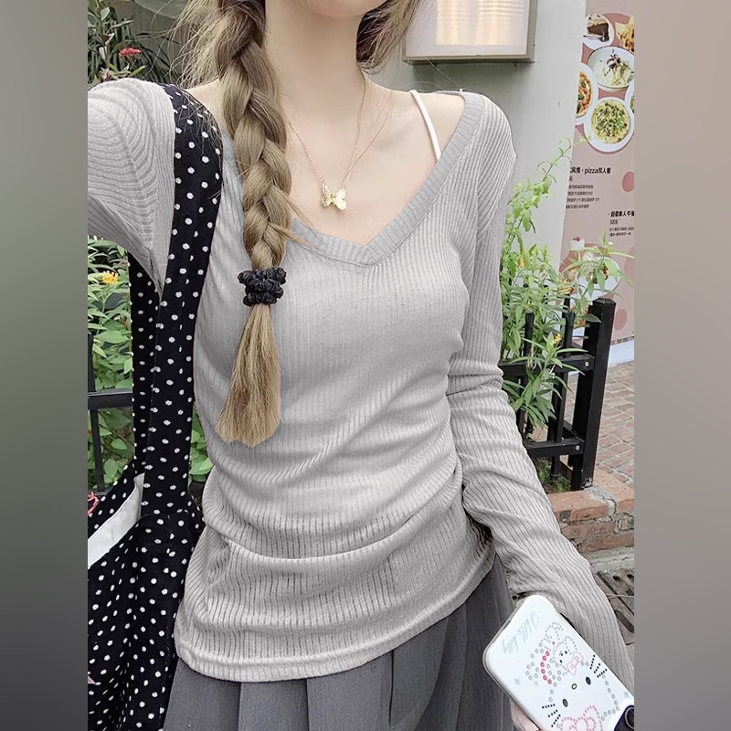 V领防晒罩衫长袖t恤女夏季2025新款修身薄纱叠穿外搭透气薄款上衣