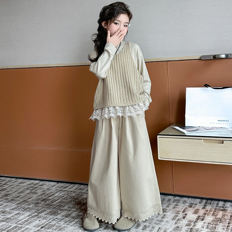 女童针织马甲三件套春季2025新款儿童春装洋气森系女大童套装春秋