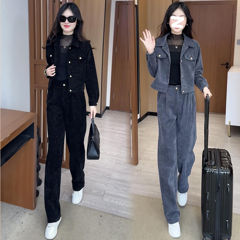 时尚洋气套装女2025年冬季新款小个子休闲短外套高腰阔腿裤两件套