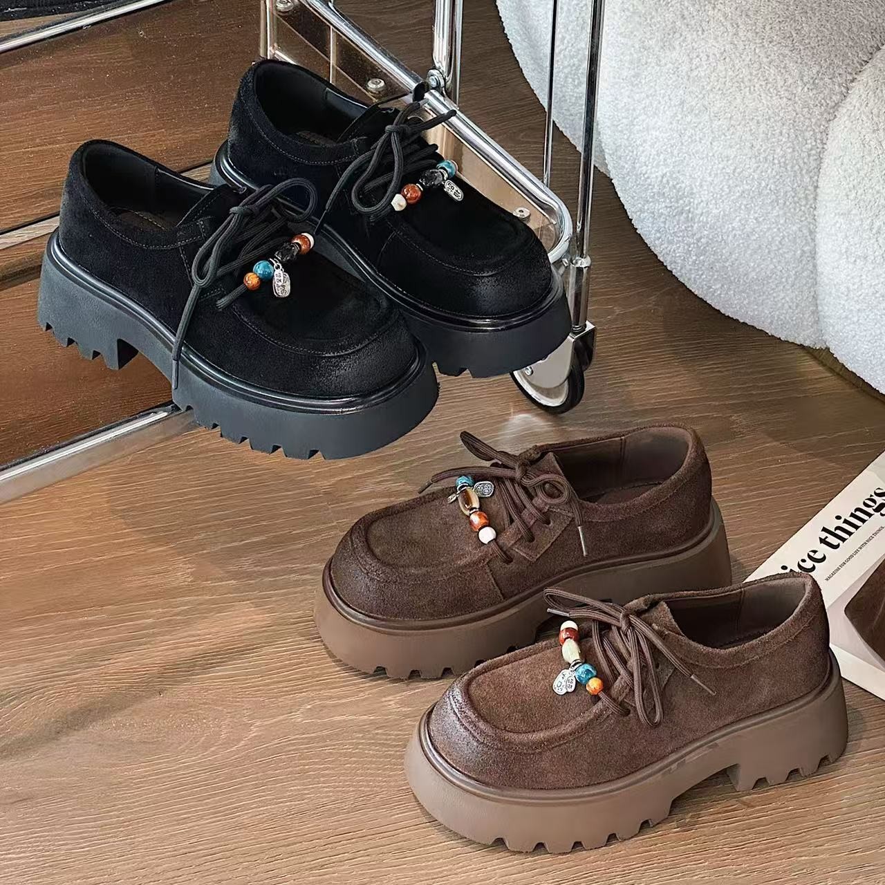 【韩衣舍】7352休闲风擦色皮圆头平跟系带乐福鞋春季百搭单鞋复古