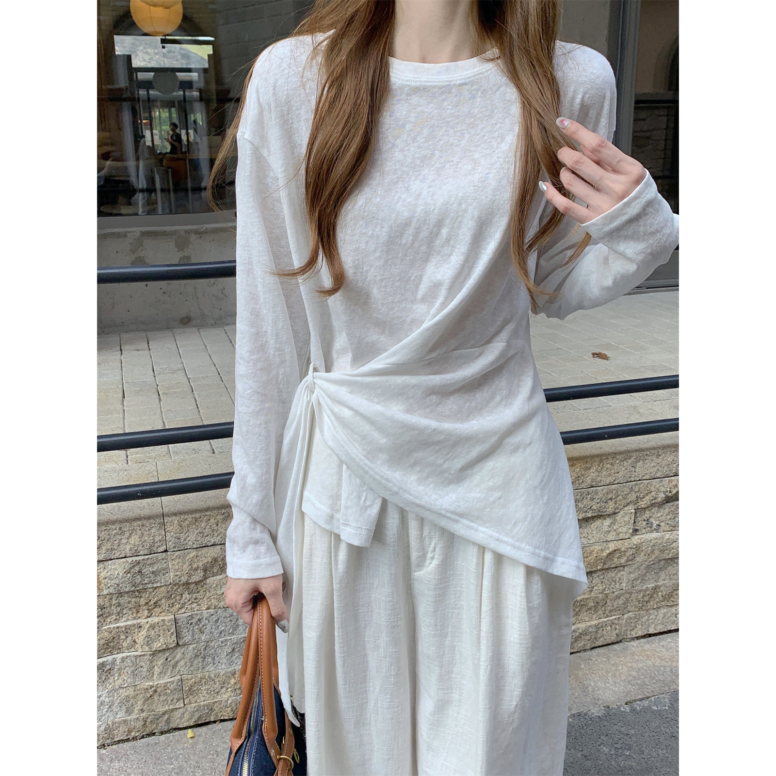 韩系时尚绑带设计感防晒罩衫长袖t恤女夏季慵懒风宽松显瘦上衣潮