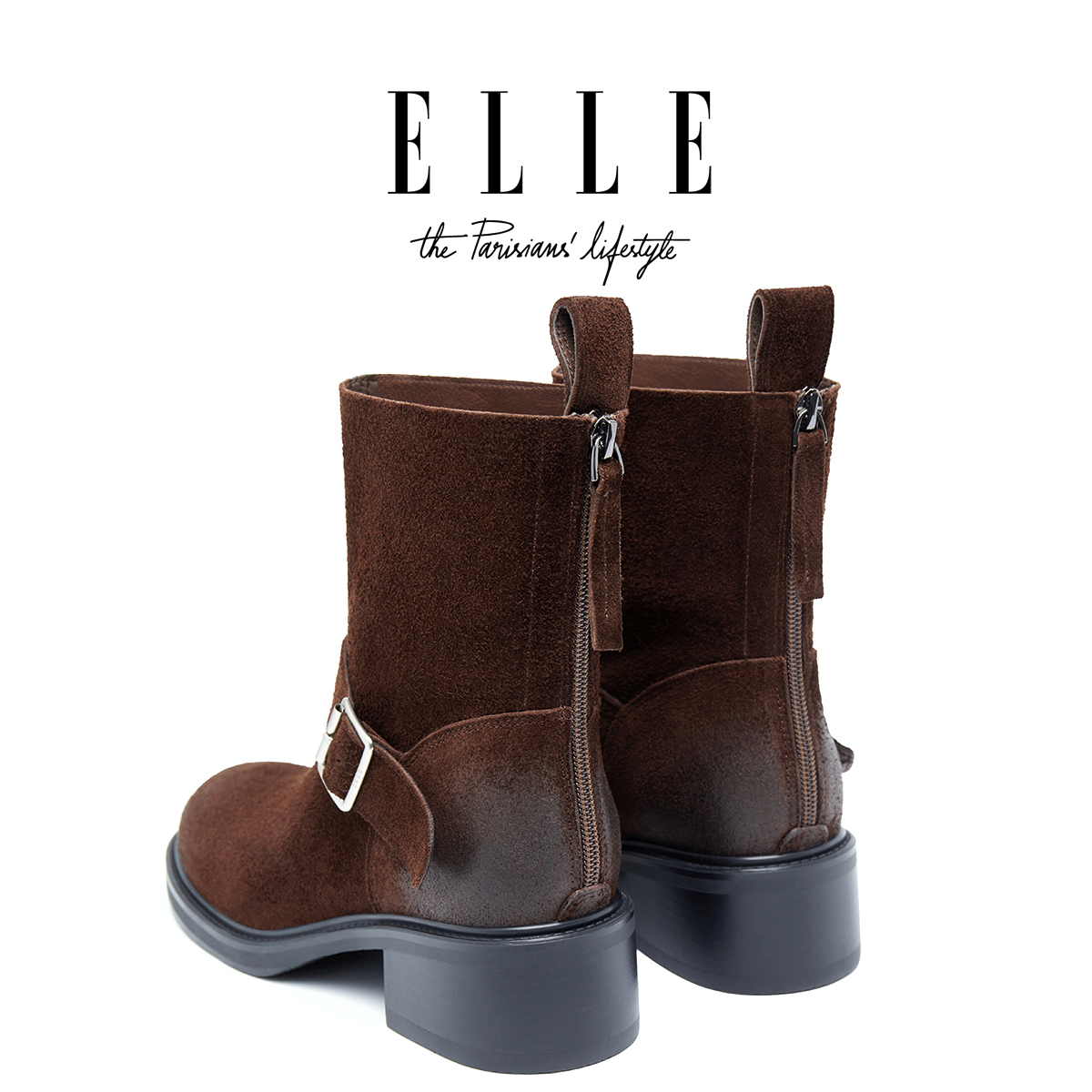 ELLE复古擦色皮带扣西部牛仔靴显瘦短靴女沙漠新疆旅游厚底马丁靴