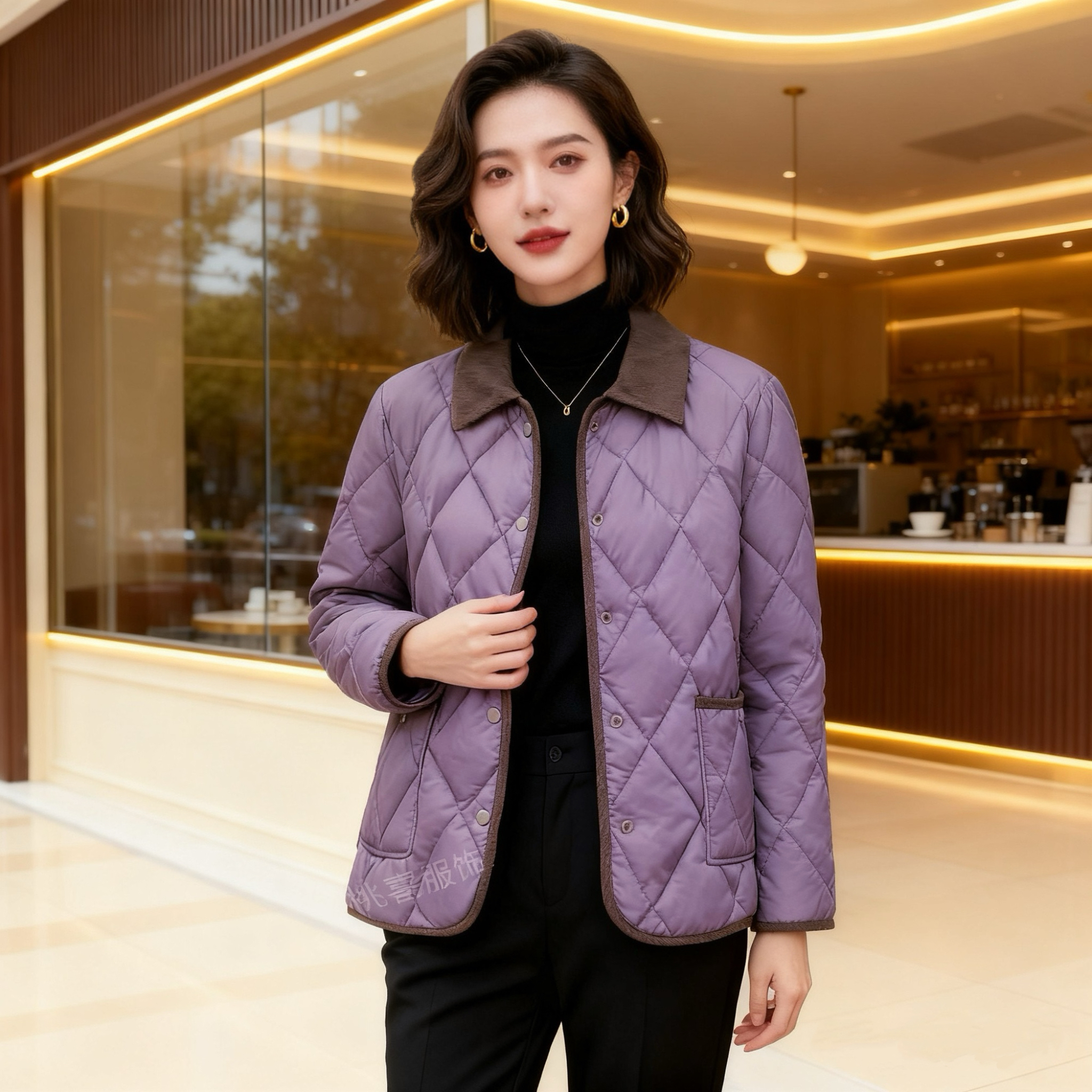 新款翻领常规宽松妈妈棉服休闲女士短款菱形格夹棉网红棉袄【8618】
