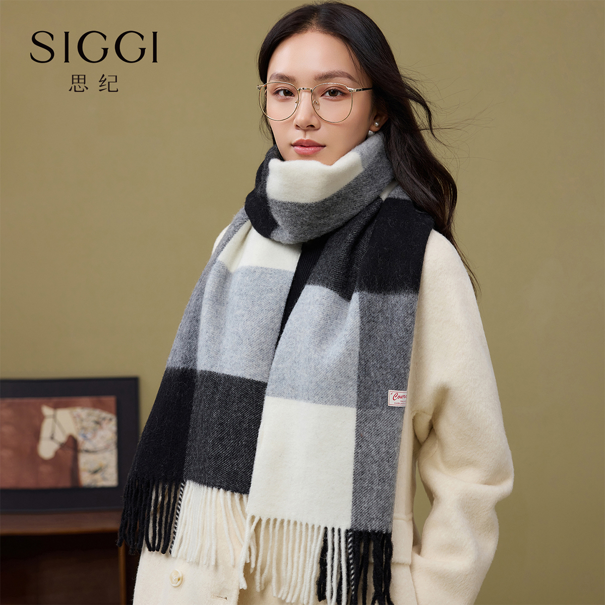 【SIGGI】秋冬羊毛围巾格子流苏25年新款爆款女士秋冬厚披肩围脖