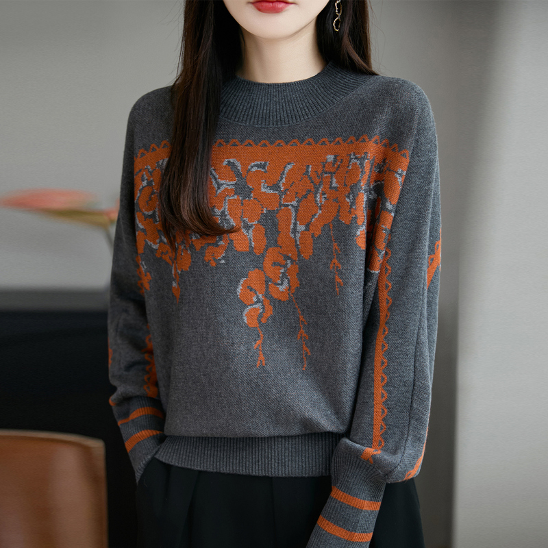 时尚品牌女装秋冬季半高领提花精纺毛针织衫时尚宽松打底衫毛衣女