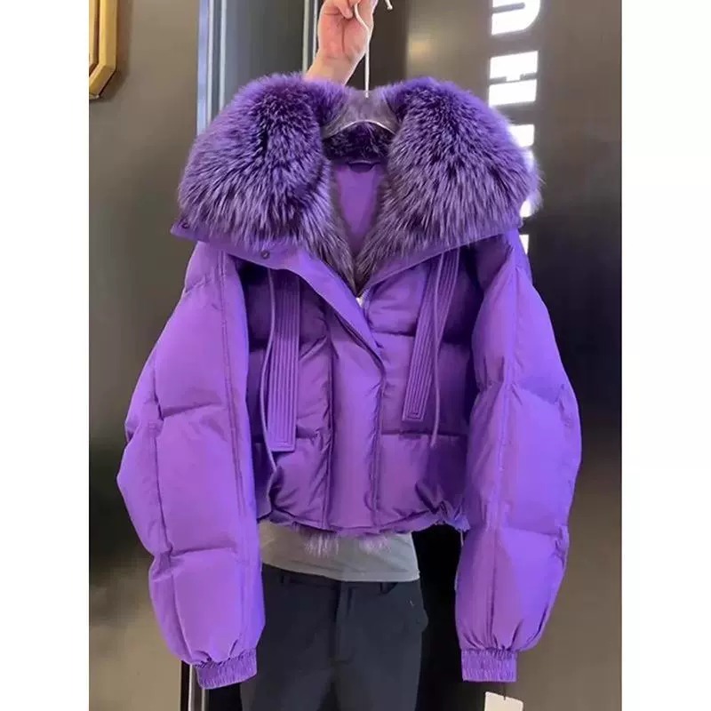 波伺登联名断码紫色大毛领短款服女装冬季大码胖mm高级感好