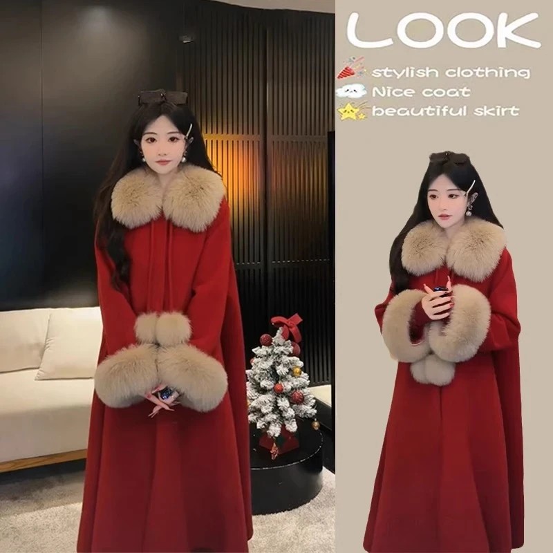 2025新款秋冬新年战袍斗篷毛呢外套时尚中长款高级感大衣