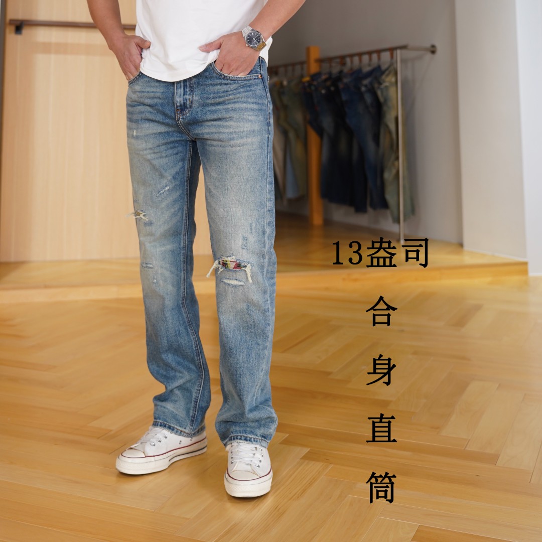 SEVENTH/第七路【合身直筒】秋季无弹怀旧复古补丁直筒牛仔裤男