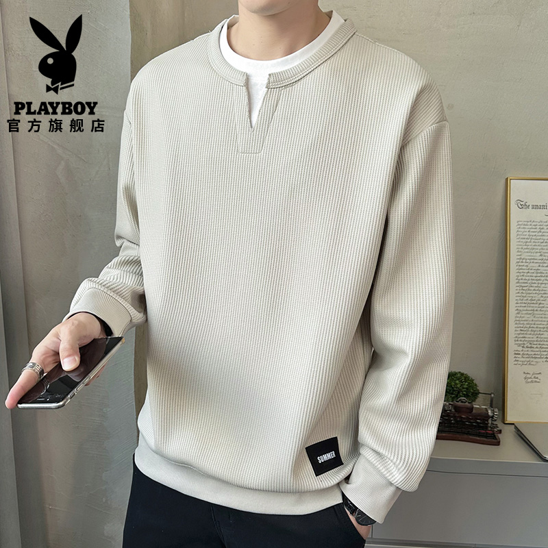 花花公子美式假两件卫衣男款爆款2025新款长袖男春秋休闲外穿上衣