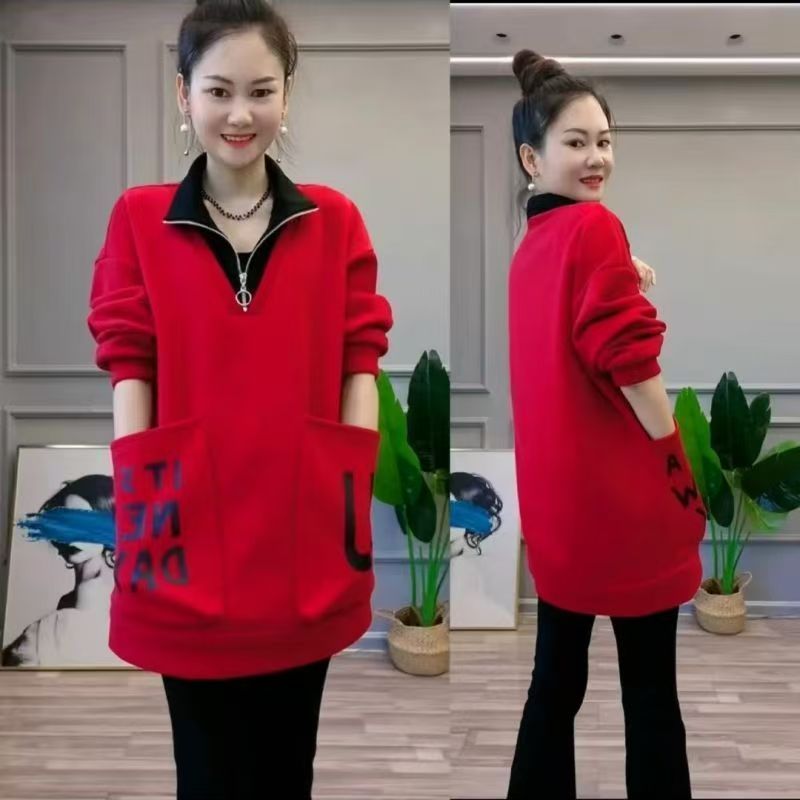 2025秋冬新款加厚立领设计中长款外穿上衣大口袋减龄显瘦卫衣