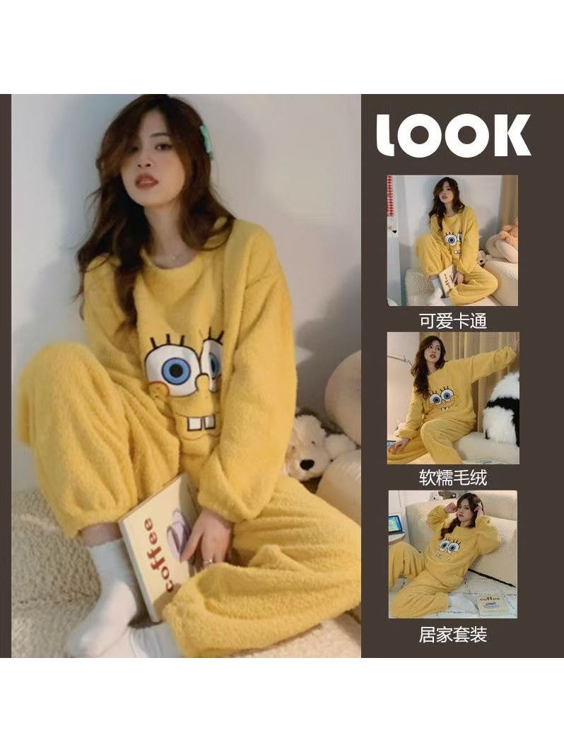 睡衣女秋冬海绵宝宝图案设计印花珊瑚绒薄款保暖居家法兰绒家居服